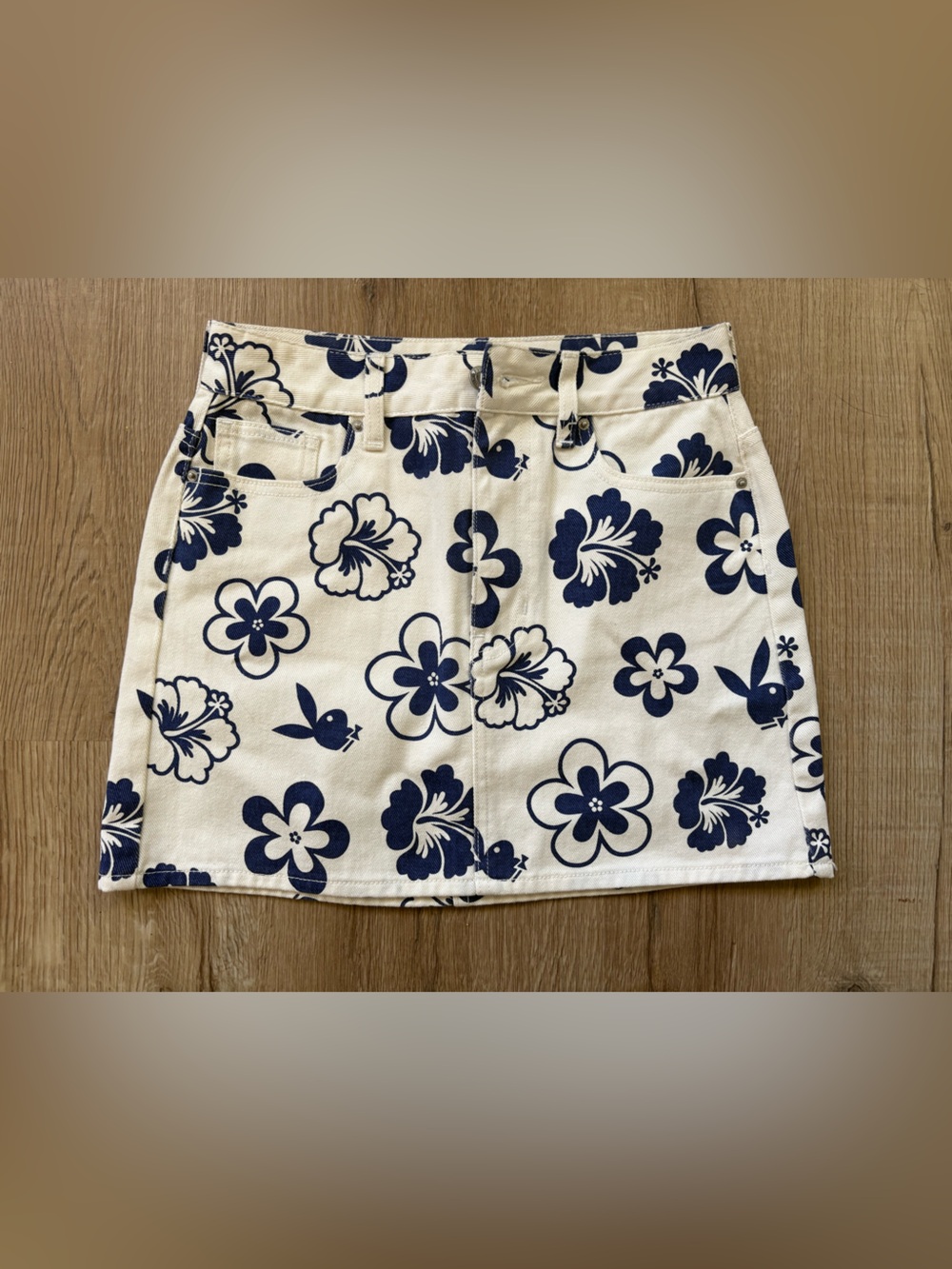Playboy by PacSun White and Navy Floral Mini Jean Skirt